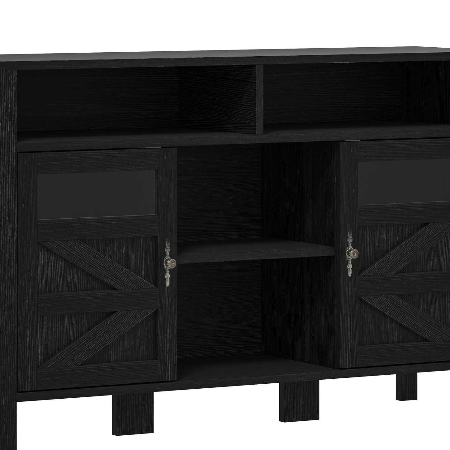Uforic Farmhouse Sideboard Bar Cabinet with Glass Doors, Adjustable Shelves & Open Storage for Dining Room, Kitchen, Living Room, Black