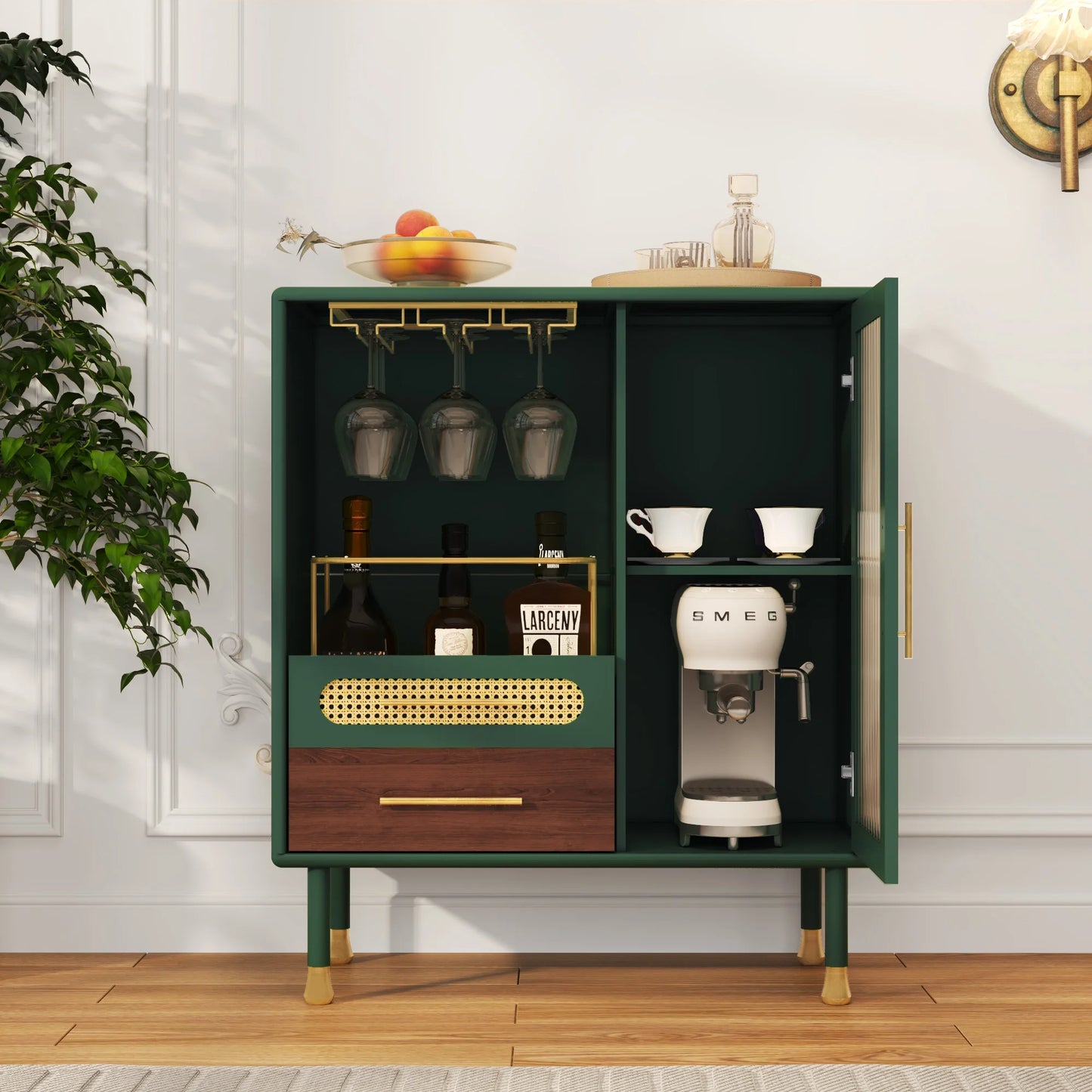 CBJCBJ Wine Bar Cabinet, Modern Coffee Cabinet with 3 Rows of Glass Racks, Sideboard Cabinet, Black