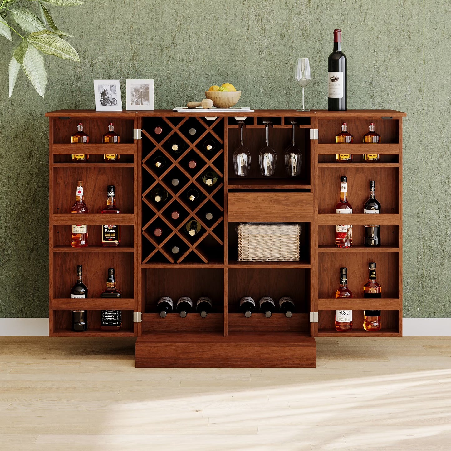 Bellemave 73.8"H Farmhouse Coffee Bar Cabinet with Shelves and Drawers Buffet Cabinet Wine Cabinet with Glass Holder and Wine Rack Tall Kitchen Cabinet for Dining Room, Antique Blue