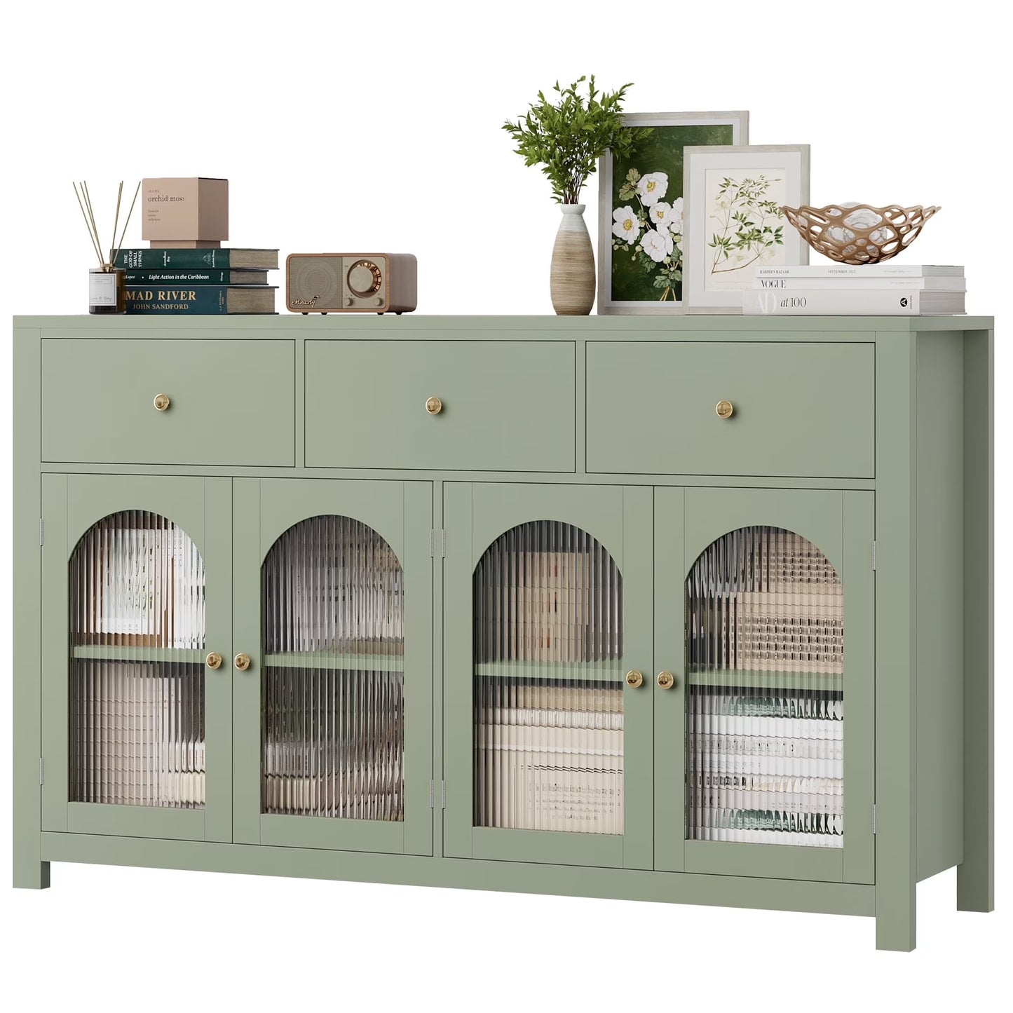 Homfa 55'' Large Sideboard Buffet Cabinet, Kitchen Storage Cabinet with 3 Drawers and 4 Glass Doors, Wood Coffee Bar Cabinet for Living Room, White
