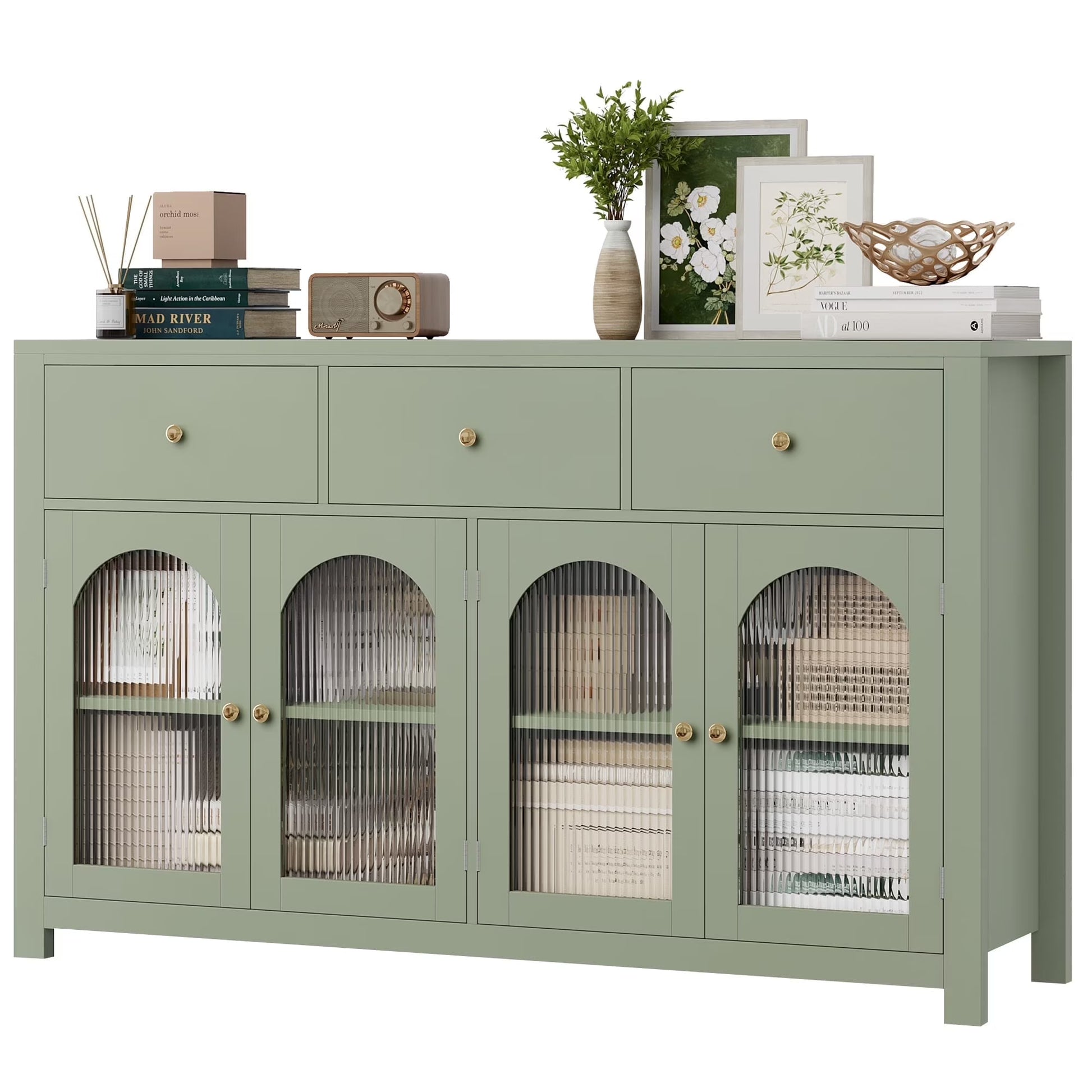 Homfa 55'' Large Sideboard Buffet Cabinet, Kitchen Storage Cabinet with 3 Drawers and 4 Glass Doors, Wood Coffee Bar Cabinet for Living Room, White