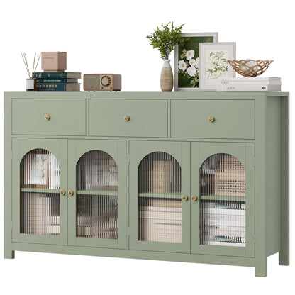 Homfa 55'' Large Sideboard Buffet Cabinet, Kitchen Storage Cabinet with 3 Drawers and 4 Glass Doors, Wood Coffee Bar Cabinet for Living Room, White