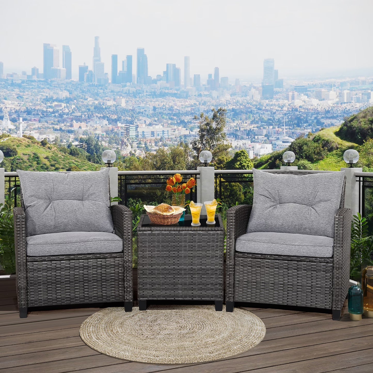 Gymax 3PCS Patio Rattan Sofa Set Outdoor Wicker Conversation Set Glass Tabletop w/Grey Cushion