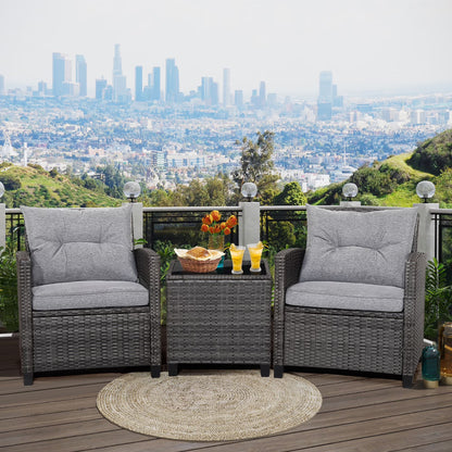 Gymax 3PCS Patio Rattan Sofa Set Outdoor Wicker Conversation Set Glass Tabletop w/Grey Cushion