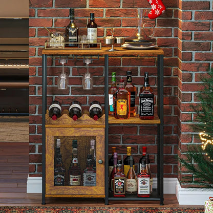 Bar Cabinet with Detachable Wine Rack, Liquor Shelf for Home Bar, Mini Bar Table with Glass Holder, Small Sideboard and Buffet with Mesh Door for Small Space, Rustic Brown