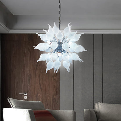 Longree 6-lights Plug in Hand Blown Glass Chandelier Modern Luxury White Flower Bud Glass Art Tall Ceiling Light Hanging Light Fixture for Kitchen, Bedroom, Dining Room, Living Room-LR1466