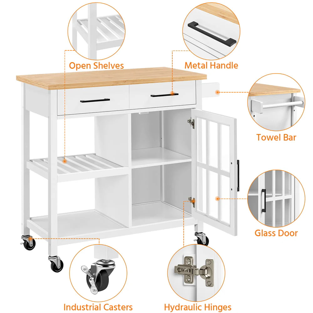 Topeakmart Rolling Kitchen Cart with Bamboo Top & Storage & Tempered Glass Cabinet Door White