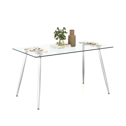 Gymax Modern Glass Dining Table Rectangular Dining Room Table W/Metal Legs For Kitchen Silver