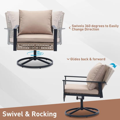 Ainfox Premium Patio Swivel Bistro Set,3-Piece Ourdoor Furniture Set,Wicker Rattan Coversation Rocking Chairs w/Glass Top Table & Cushions,Khaki