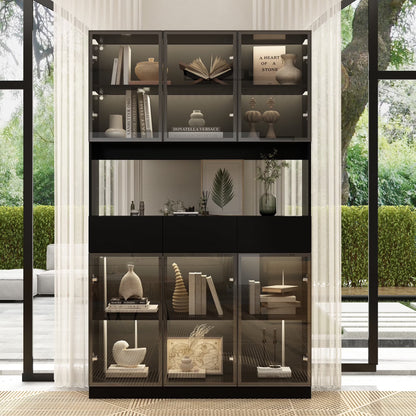 KULAGAGA Bookcases Organizer with LED Lights, Heavy Duty Display Cabinet with Glass Door for Living Room, 31.5" Wide