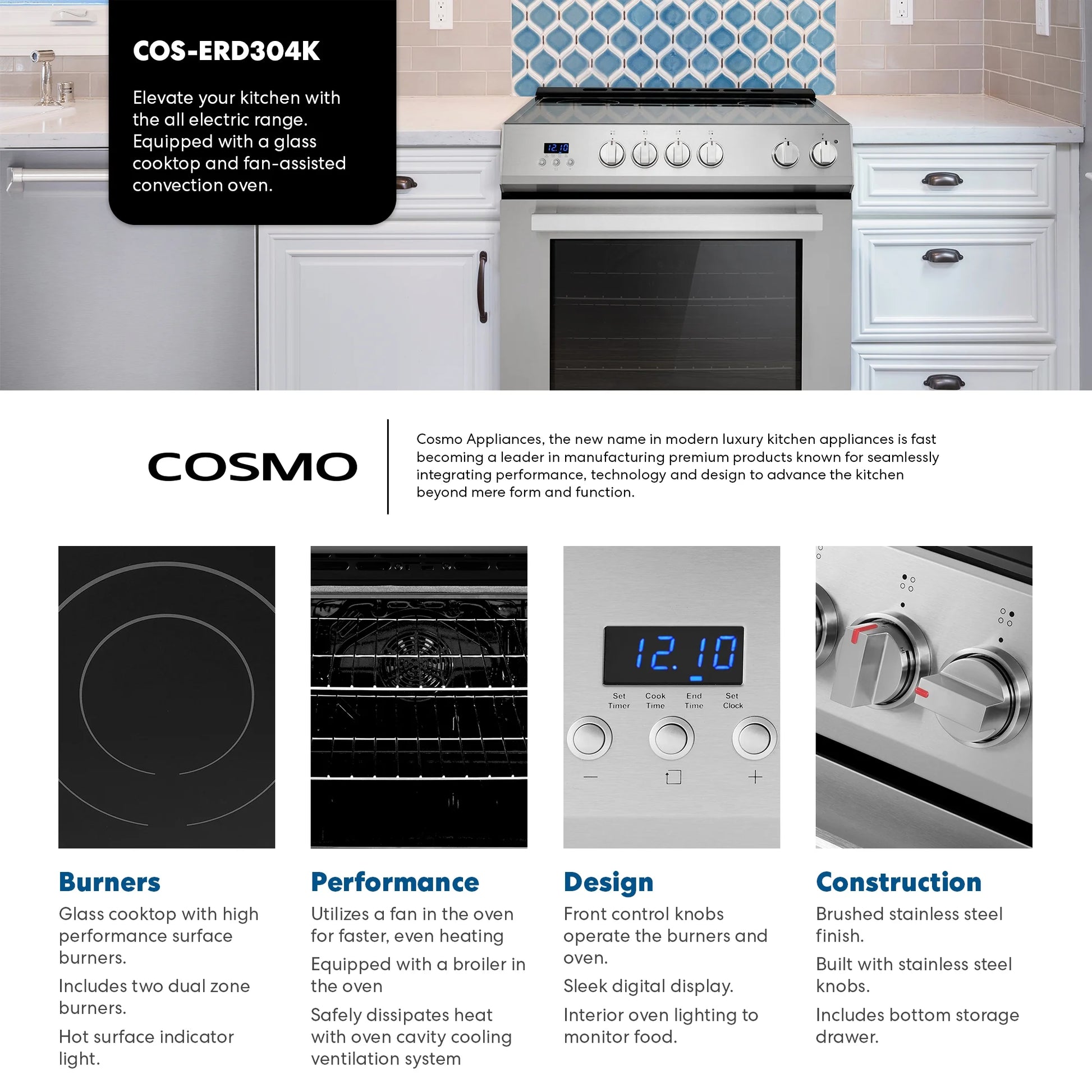Cosmo 30 in. Stellar Collection 5.0 cu. ft. Electric Range with 4 Burner Glass Cooktop and Convection Oven in Stainless Steel