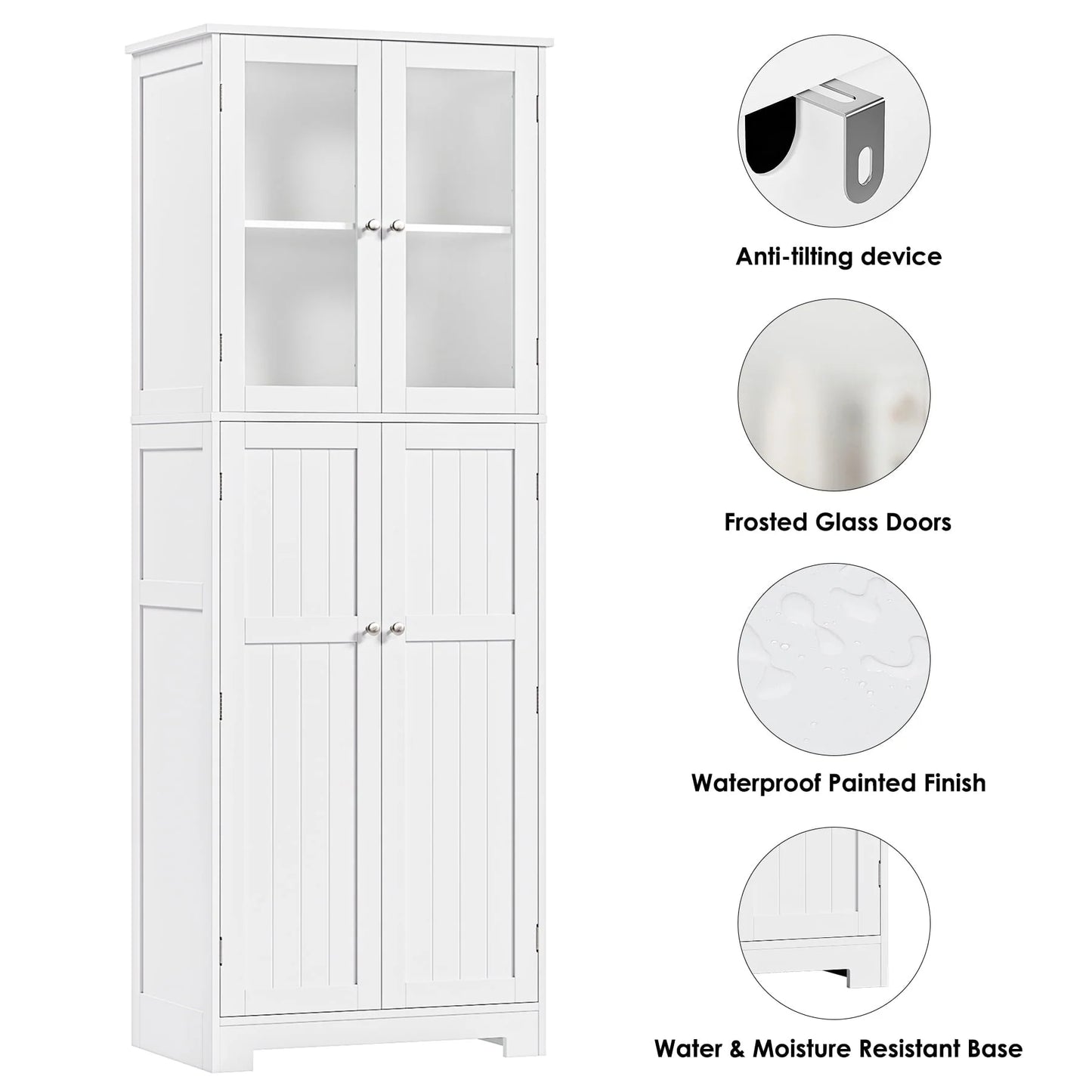 Homfa 67'' Farmhouse Kitchen Pantry Cabinet, Tall Storage Cabinet with Frosted Glass Doors for Dining Room, White