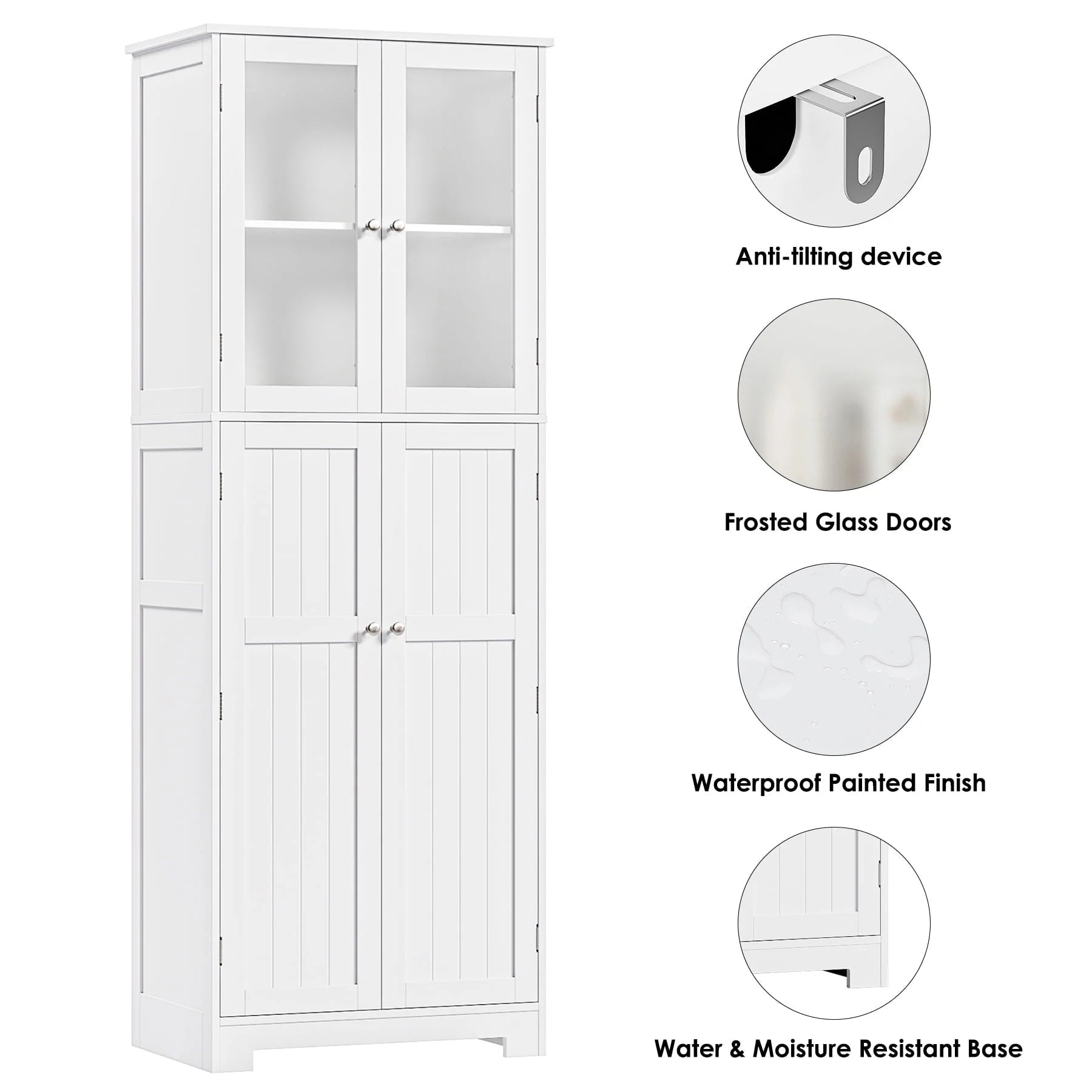 Homfa 67'' Farmhouse Kitchen Pantry Cabinet, Tall Storage Cabinet with Frosted Glass Doors for Dining Room, White
