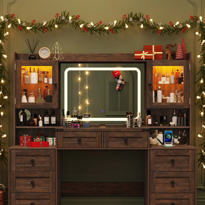 ANPOO 60" Farmhouse Vanity Desk with Outlet, Mirror Lights, Tempered Glass Top, Big Makeup Vanity Table with 2 RGB Glass Cabinets, 60000-color LED Lights, Wood Makeup Desk for Women, Girls, Brown