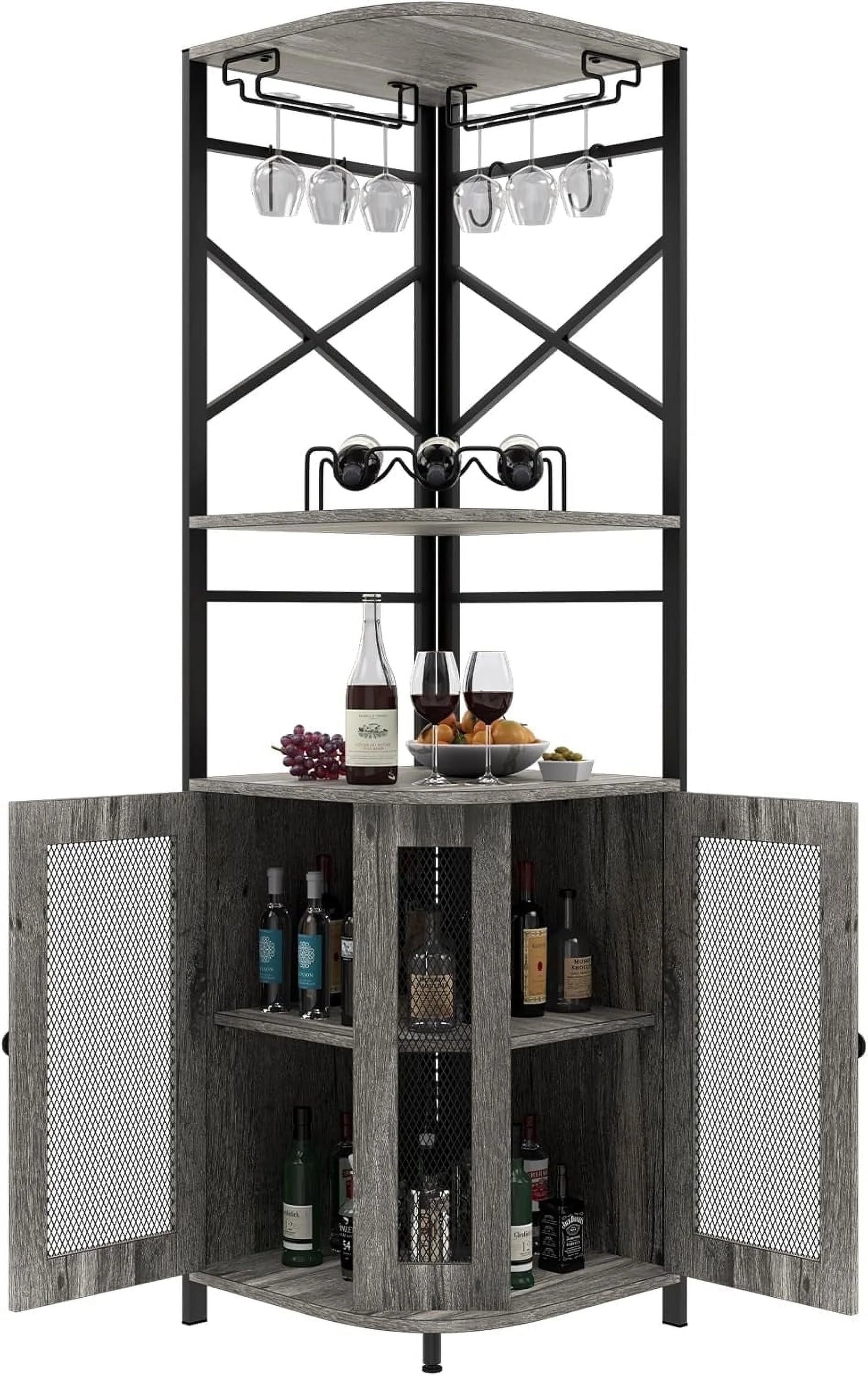 Frmobepts 6 Tier Corner Bar Cabinet with Glass Holder, Storage Cabinet with Door and Shelves , Corner Shelf with Wine Rack Display Shelves,Grey