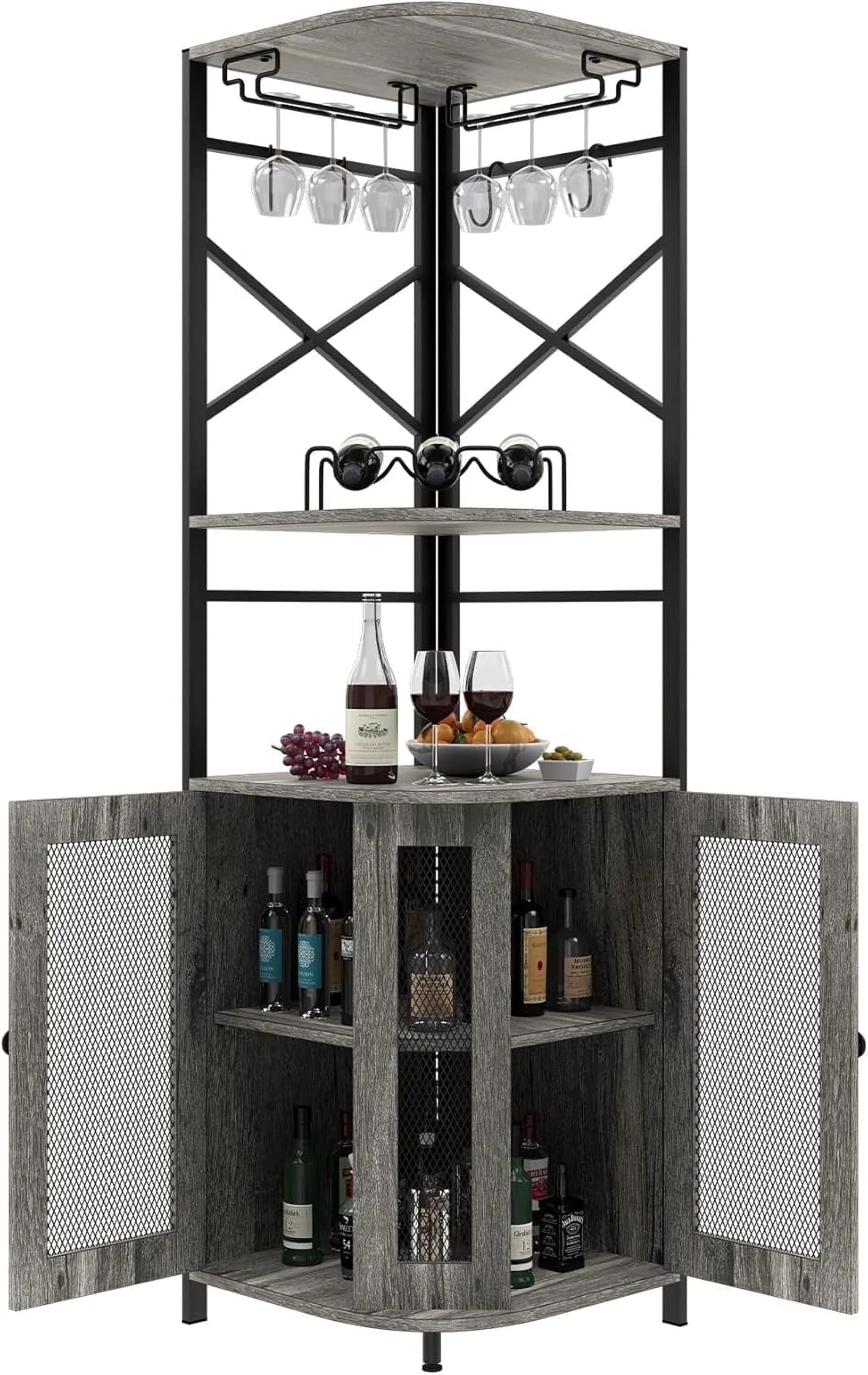 Frmobepts 6 Tier Corner Bar Cabinet with Glass Holder, Storage Cabinet with Door and Shelves , Corner Shelf with Wine Rack Display Shelves,Grey