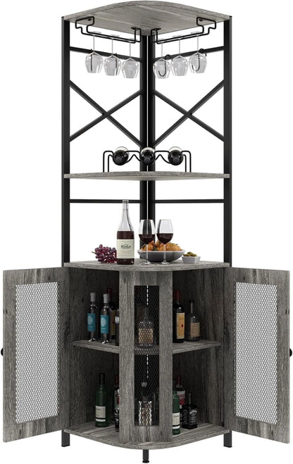 Frmobepts 6 Tier Corner Bar Cabinet with Glass Holder, Storage Cabinet with Door and Shelves , Corner Shelf with Wine Rack Display Shelves,Grey