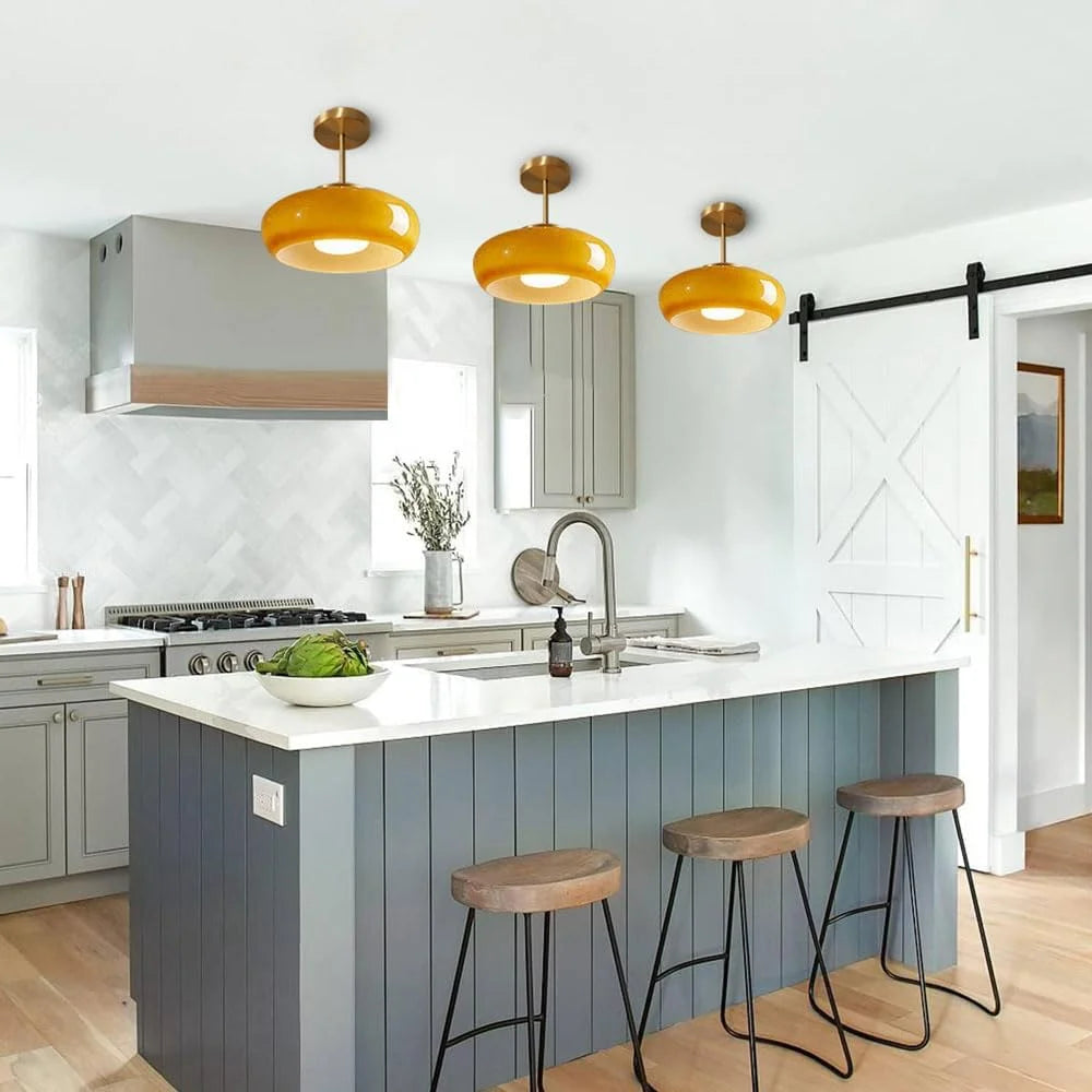 Arturesthome Ceiling Light Fixture Glass Lampshade Pendant Light with Brass Cover Amber Glass Hanging Lamp Vintage Yellow Glass Semi Flush Mount Ceiling Light for Princess Room Cloakroom