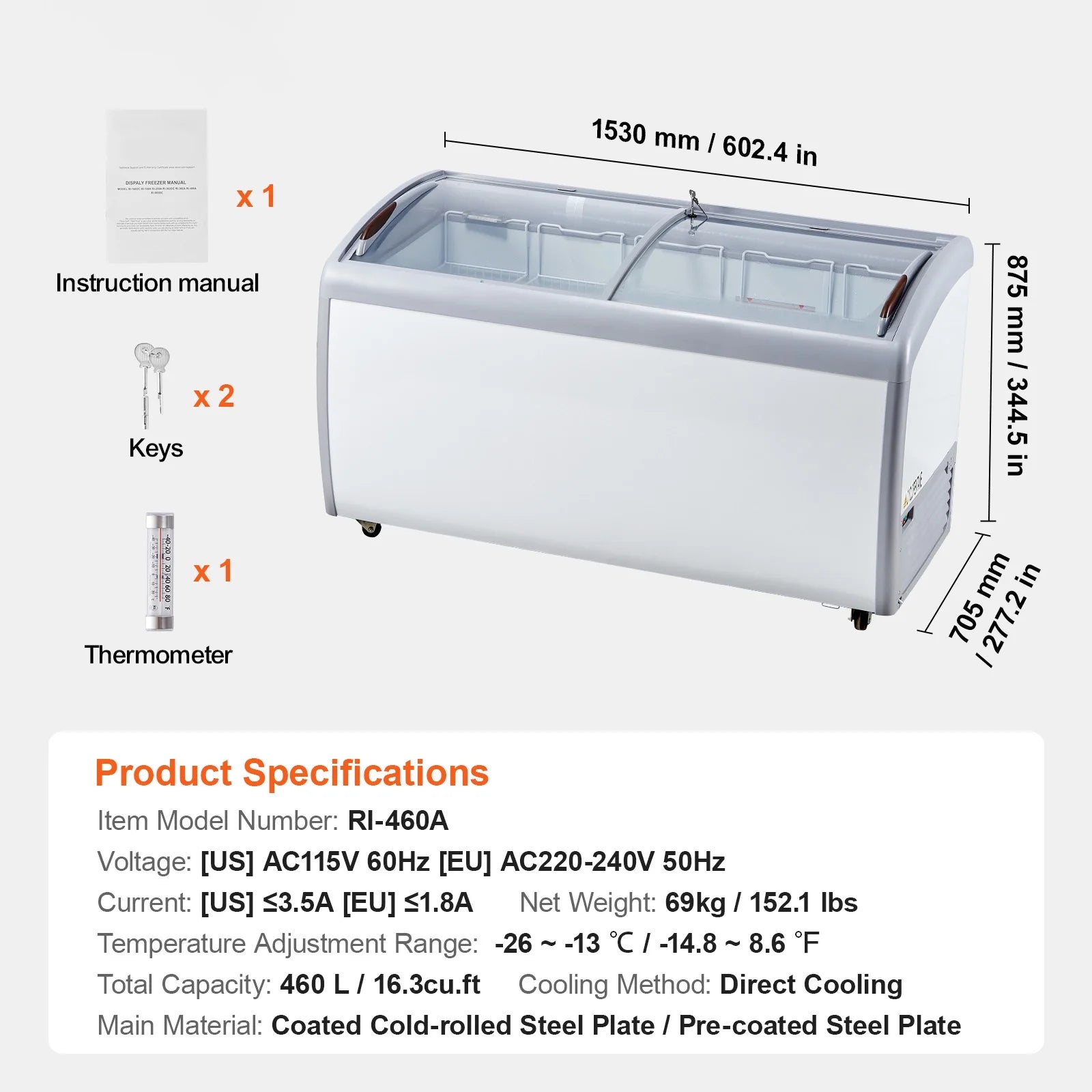 KFFKFF Professional Ice Cream Showcase, 16.3 Cubic Feet Storage Freezer, Portable Transparent Lid Deep Freezer, Dining Establishment Sorbet Serving Cabinet,5 Metal Baskets, Dual Slide Glass Doors