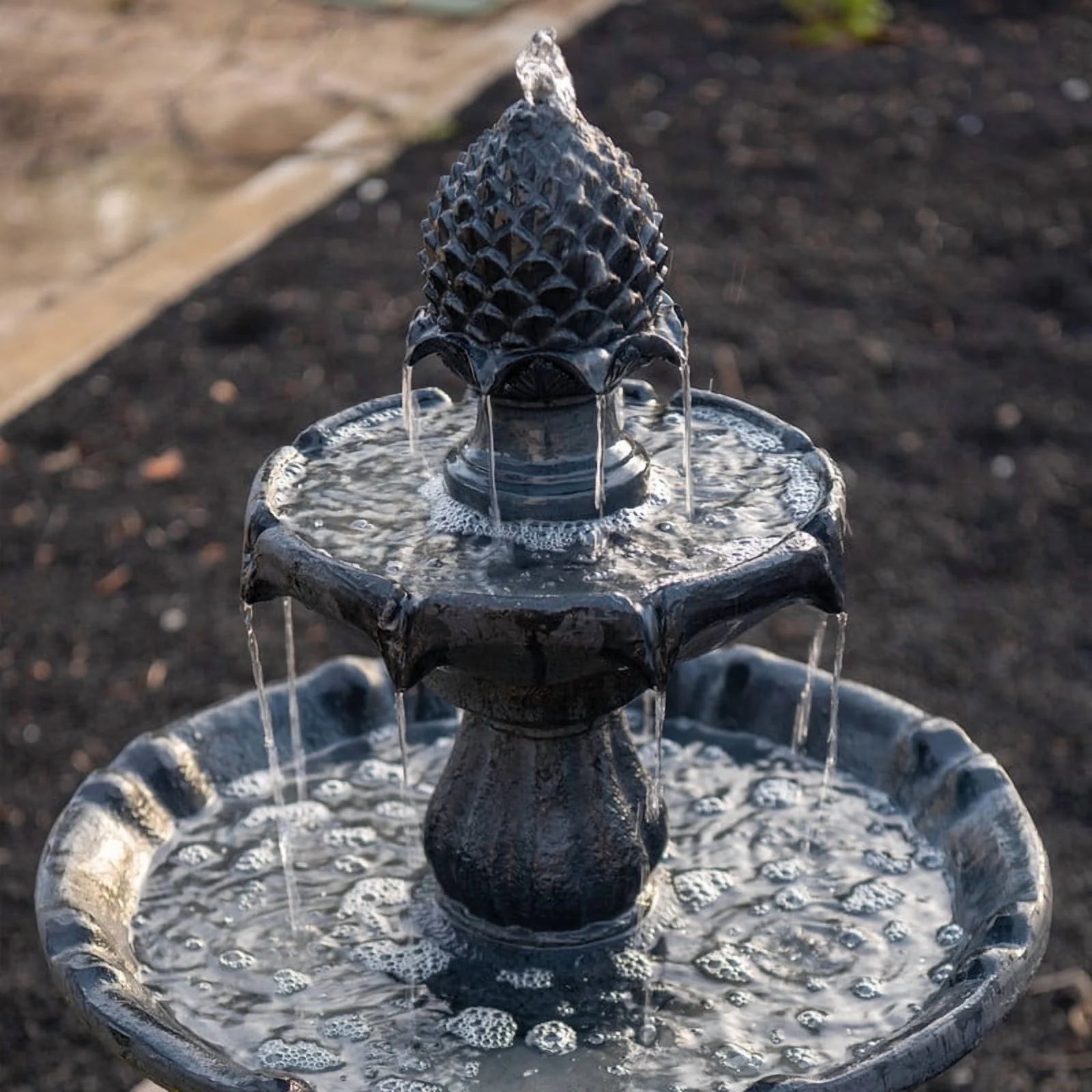 XBrand 44" H Black Fiberglass/Resin 2-Tier Solar Water Fountain w/Solar Panel and Auto-Shut Off Pump, Solar Garden Fountain, Tall Outdoor Fountain, Two Tiered Birdbath Fountain