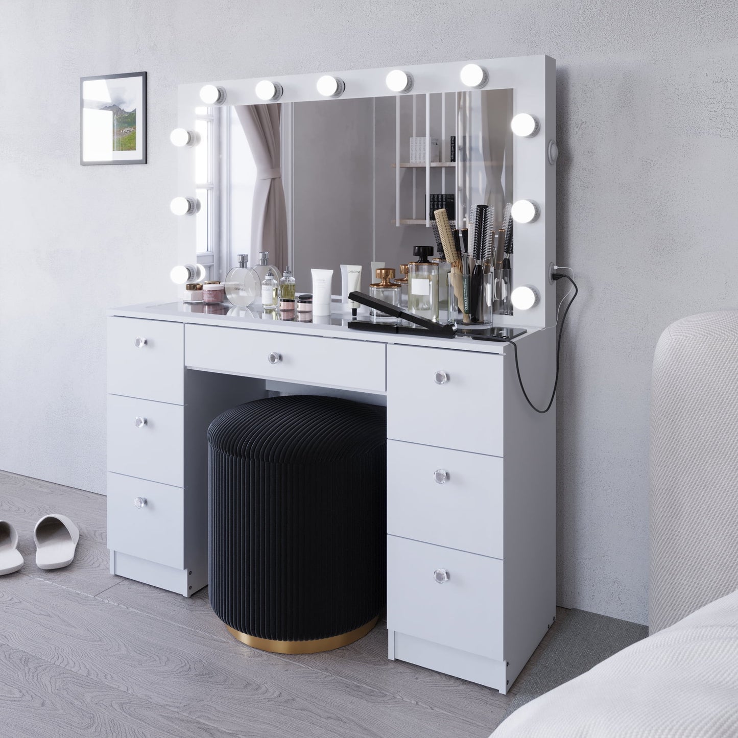 Ember Interiors Ibbie White Makeup Vanity with Glass Top, Lights, Charging Station