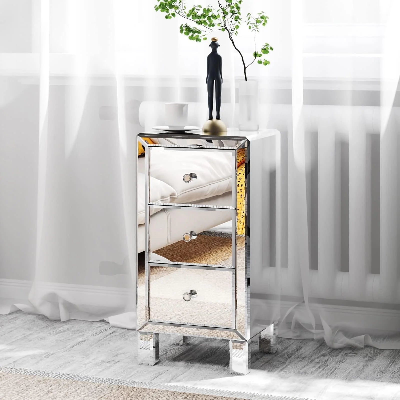 Zimtown Mirrored Glass 3-Drawers Nightstand Bedside Table Storage Bedroom