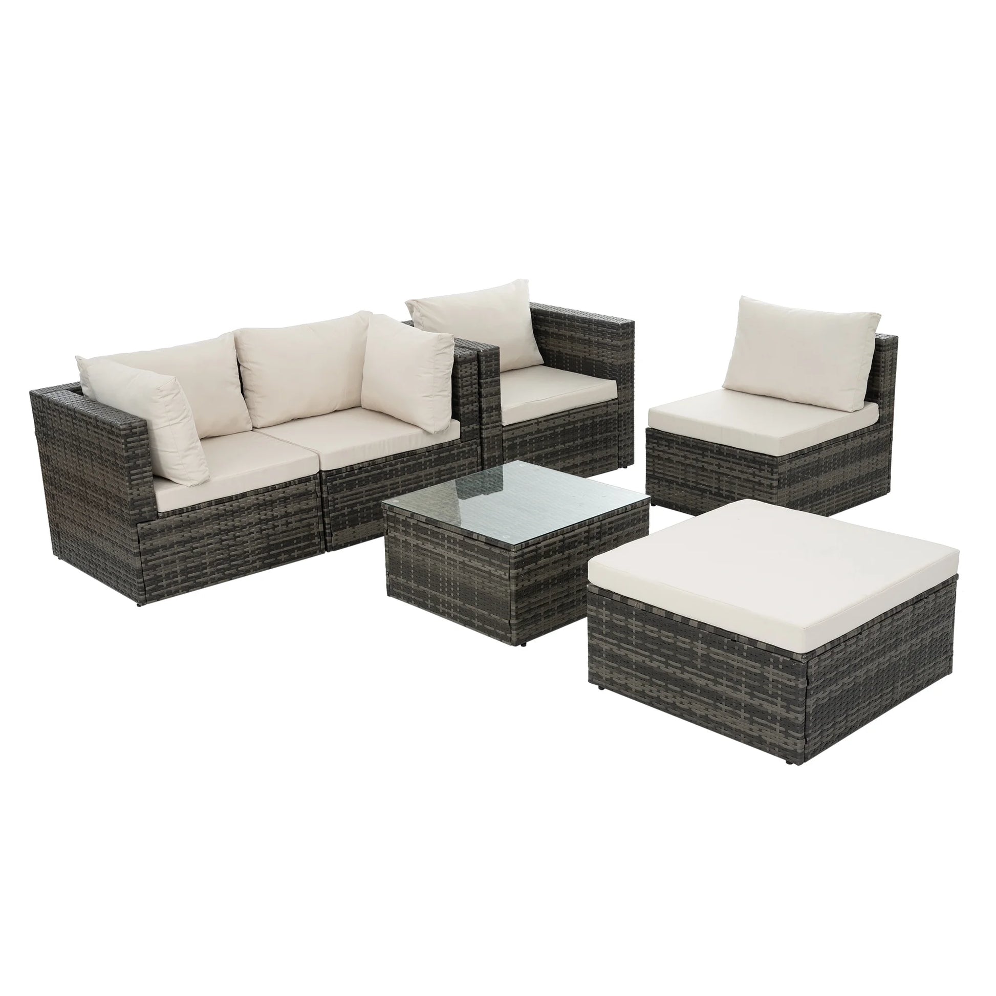 Highsound 6 Piece Patio Furniture Sets, All Weather PE Wicker Rattan Outdoor Sectional Sofa Conversation Couch with Glass Table, Cushions and Ottoman, for Lawn, Garden, Backyard, Beige