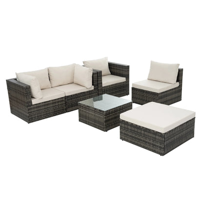 Highsound 6 Piece Patio Furniture Sets, All Weather PE Wicker Rattan Outdoor Sectional Sofa Conversation Couch with Glass Table, Cushions and Ottoman, for Lawn, Garden, Backyard, Beige