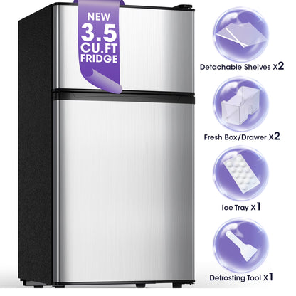 Manastin 3.5 Cu.ft Mini Fridge with Freezer, Adjustable Thermostat, Low Noise, Removable Glass Shelves, 2 Door Small Refrigerator for Kitchen, Office, Bedroom,Black