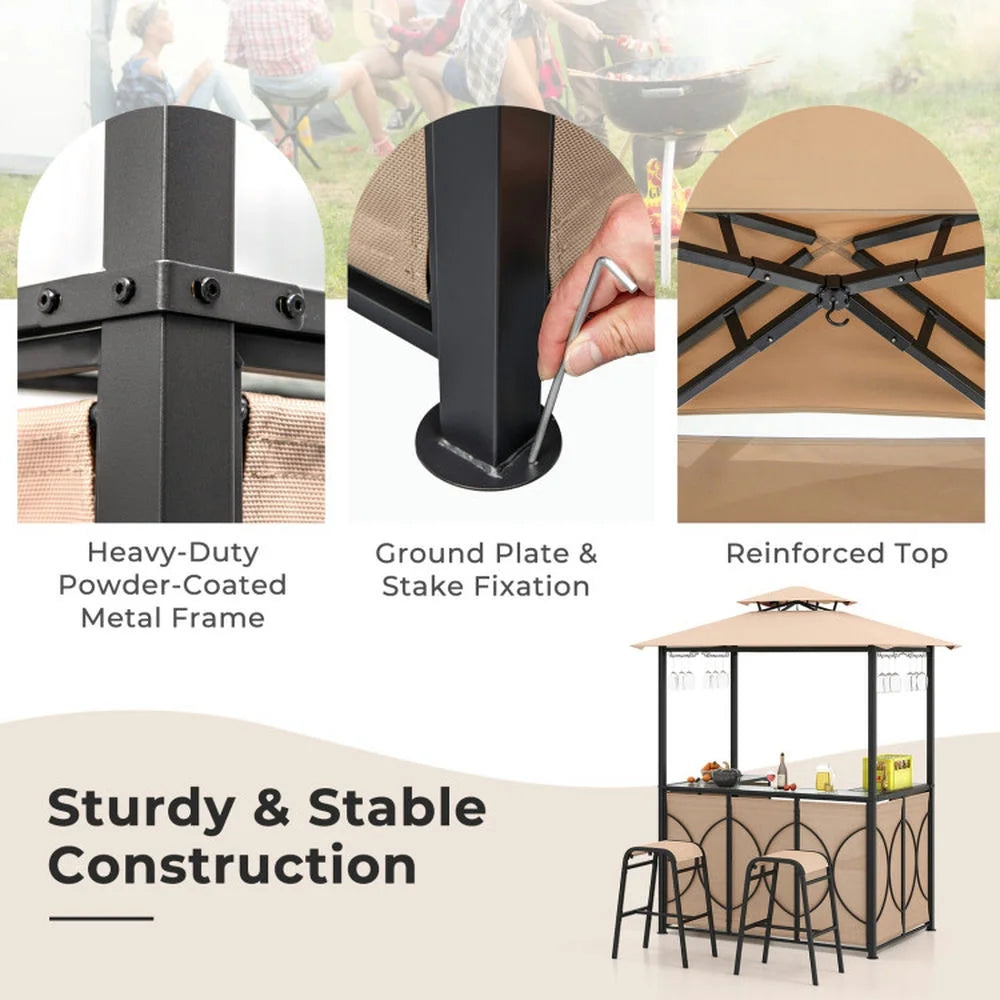 Spaco 3-Piece Patio Bar Set with A Heat-Resistant Tempered Glass Top, Grill Gazebo & 2 Bar Stools with Tempered Glass Bar Table, Bar Set for Outdoor, Brown