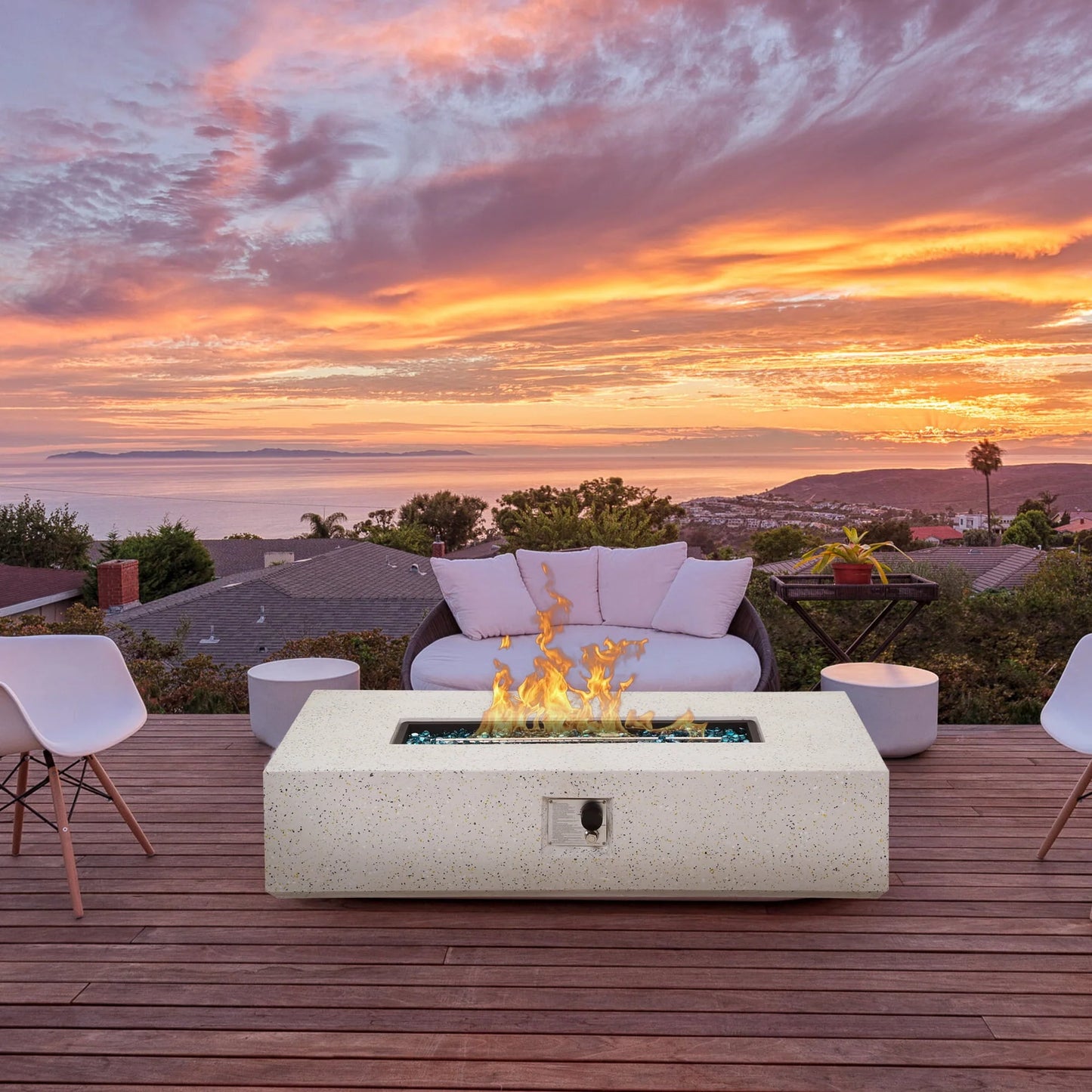 ESSENTIAL LOUNGER 56 inch Concrete Propane Fire Pit Table, 50,000 BTU Outdoor Firepit Rectangular Table for Garden& Patio, with Propane Tank Metal Stand, Fire Glass Beads and Waterproof Cover, White