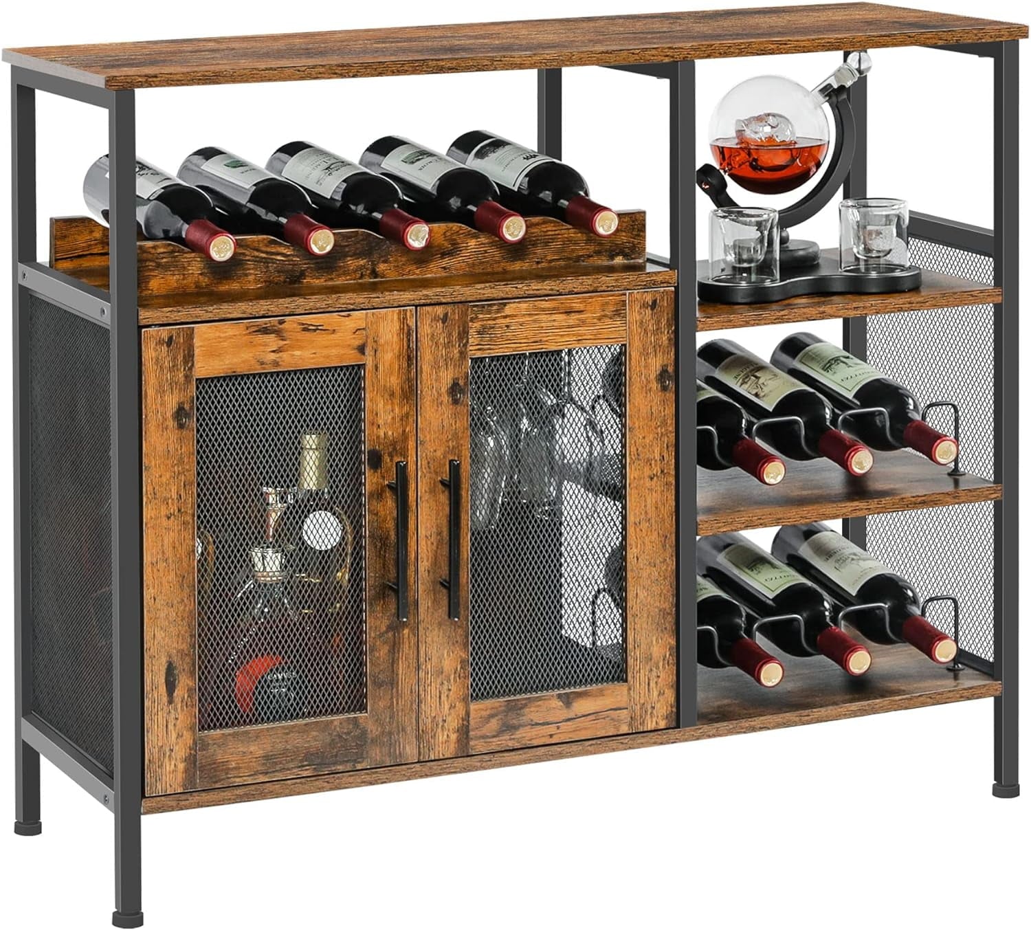 x-Cosrack Wine Bar Cabinet with Detachable Wine Rack, Coffee Bar Cabinet with Glass Holder and Mesh Door, Rustic Brown
