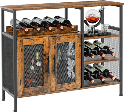 x-Cosrack Wine Bar Cabinet with Detachable Wine Rack, Coffee Bar Cabinet with Glass Holder and Mesh Door, Rustic Brown