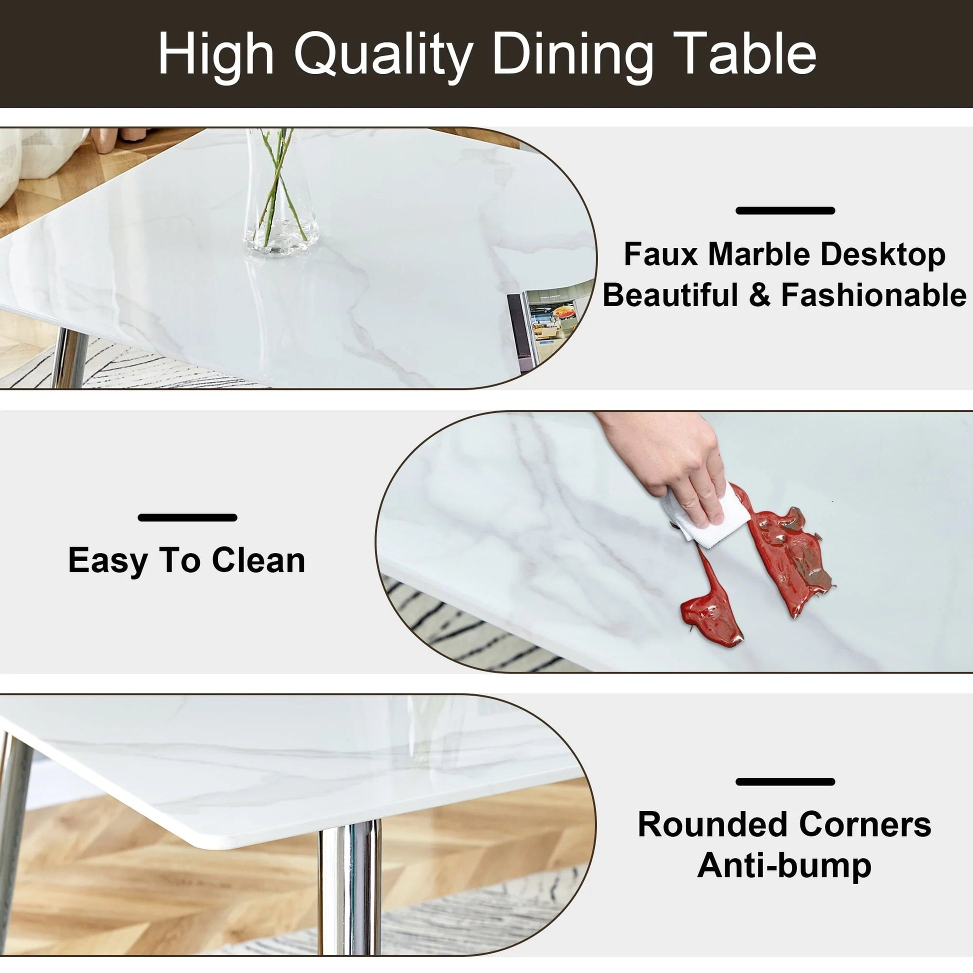 PWOPWOE Modern Minimalist Rectangular Glass Dining Table with 0.4 "White Imitation Marble Glass Sticker Desktop And Silver Metal Legs, suitable for Kitchens, Restaurants, And Living Rooms63"*35.4"*30"