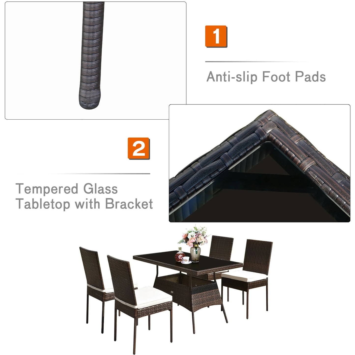Costway 5 PCS Patio Rattan Dining Set Glass Table High Back Chair Garden Deck Mix Brown
