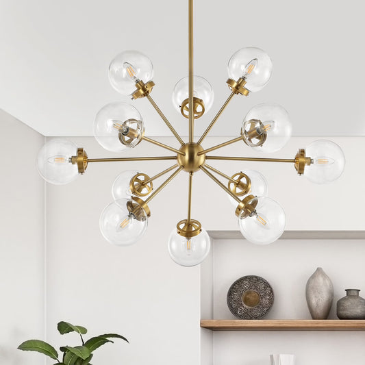 GetLedel 12-Light Modern Sputnik Sphere Chandelier with Glass Globe Shades Gold Finish with Clear Glass Shades N/A Gold