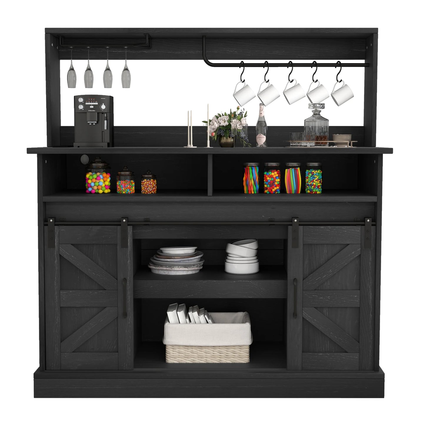 Uforic 47" Farmhouse Coffee Bar Cabinet, Buffet Sideboard with Power Outlets, Wine Glass Rack, Black Oak