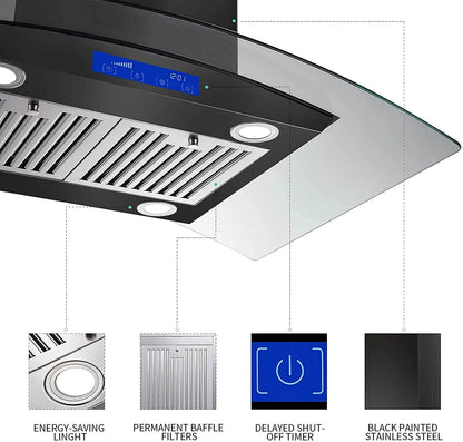 Island Mount Range Hood 36 inch Kitchen 3-Speed Extractor Fan Mesh filter Tempered Glass