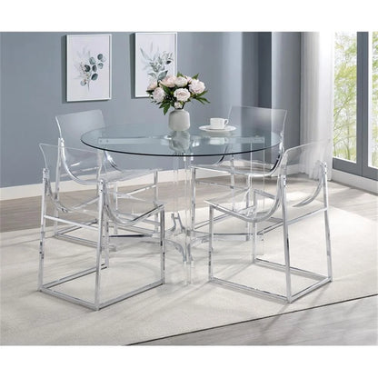 Pemberly Row 5-Piece Round Glass Top Acrylic Dining Set in Silver