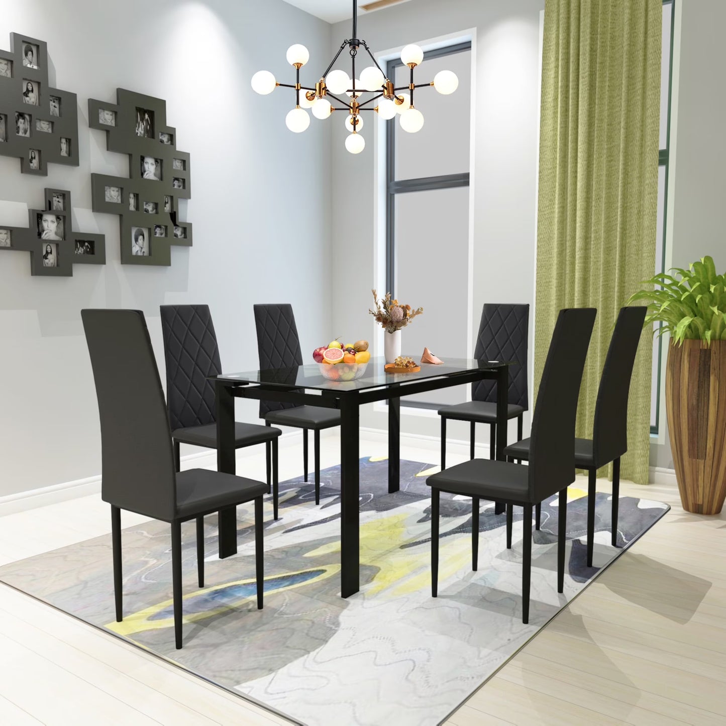 Aukfa 5-Piece Dining Table Set for Dining Room, Kitchen, Dinette, w/Glass Tabletop, 4 Faux Leather Metal Frame Chairs - Black
