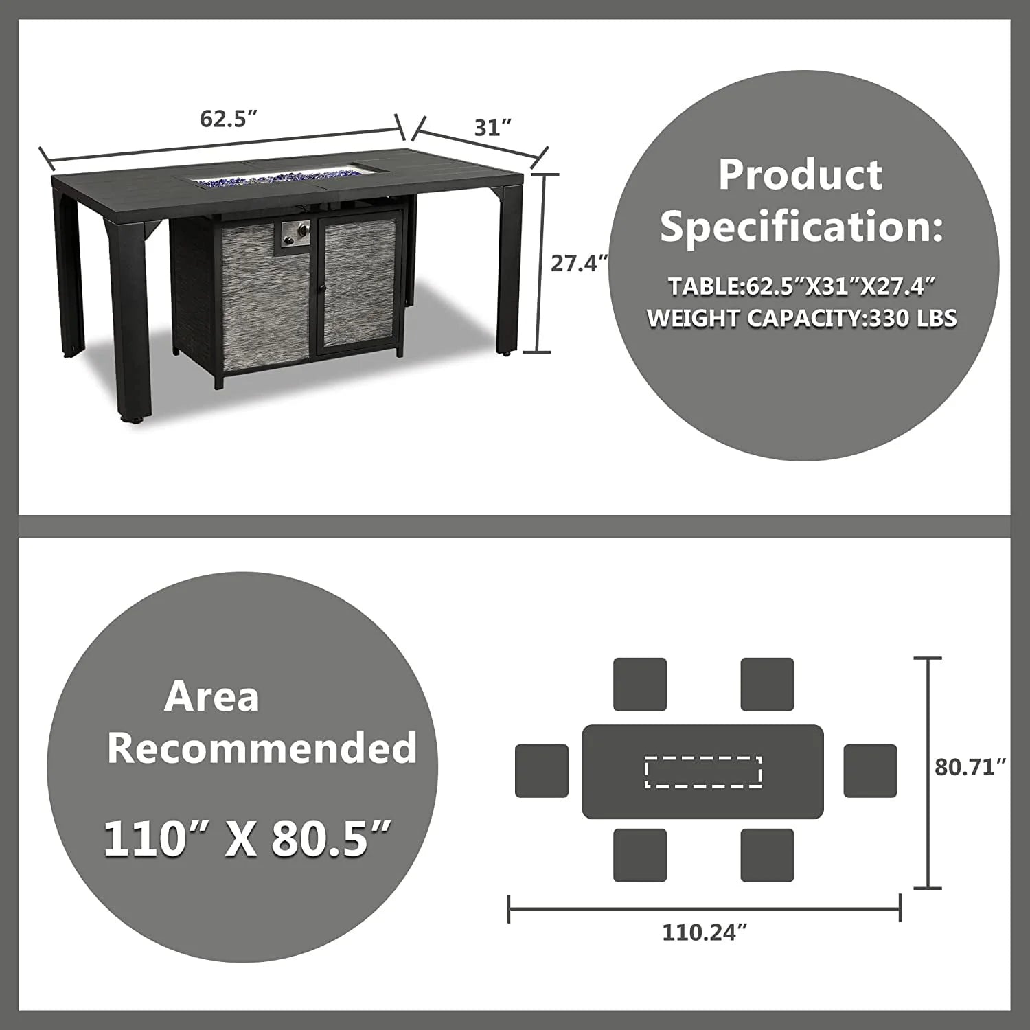 PIZZELLO Outdoor Rectangular Patio Fire Dining Table 62.5" for 6 with Fire Glass Bead, Black