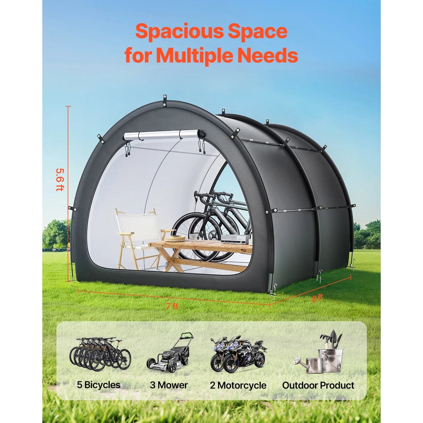 KFFKFF Outdoor Bike Storage Tent, Holds 5 Bicycles, Spacious and Ventilated with Waterproof Design, Durable Fiberglass Frame & Dual Zippers, Suitable for Bicycles