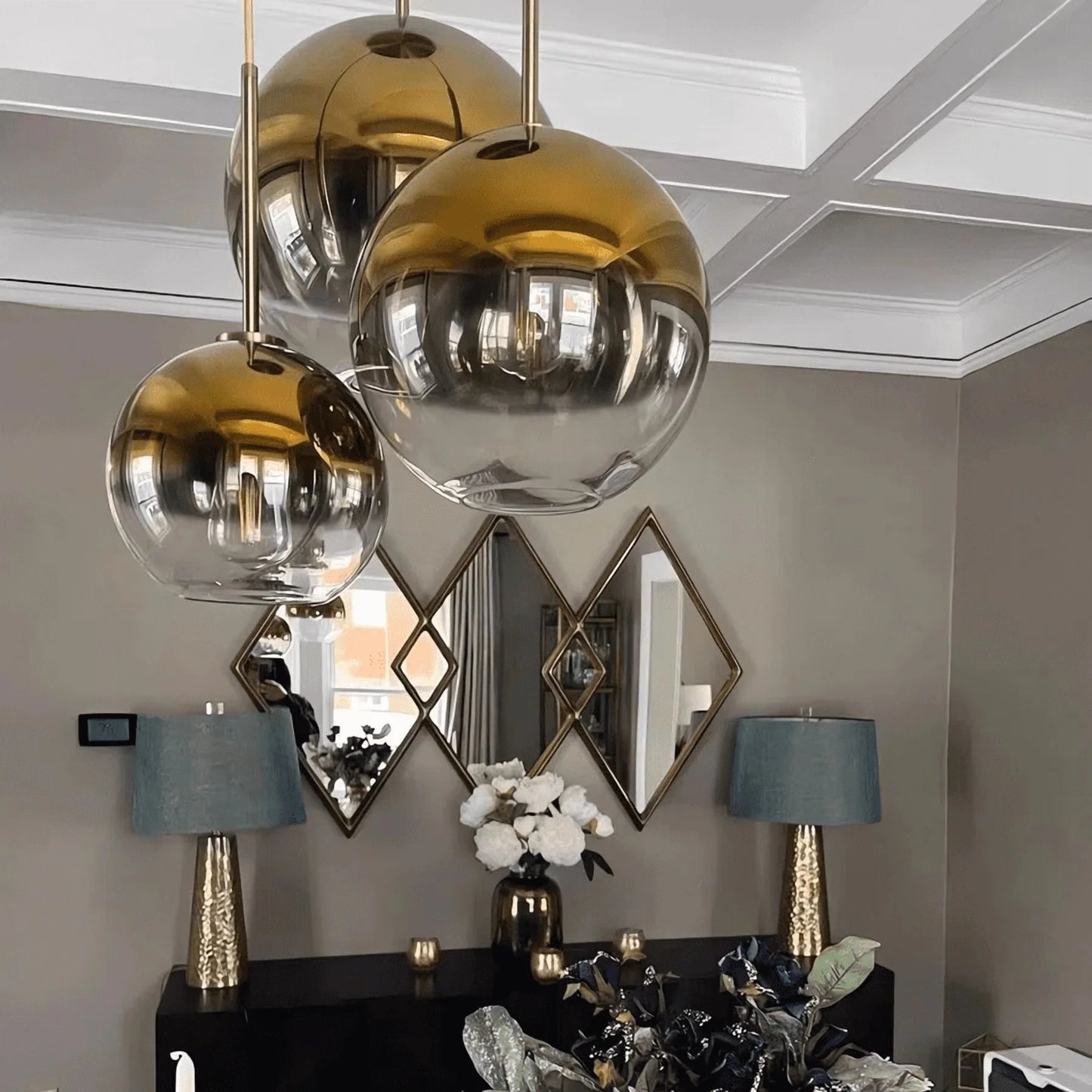 3-Light E26 Globe Gold Pendant Lights with Gradient Glass