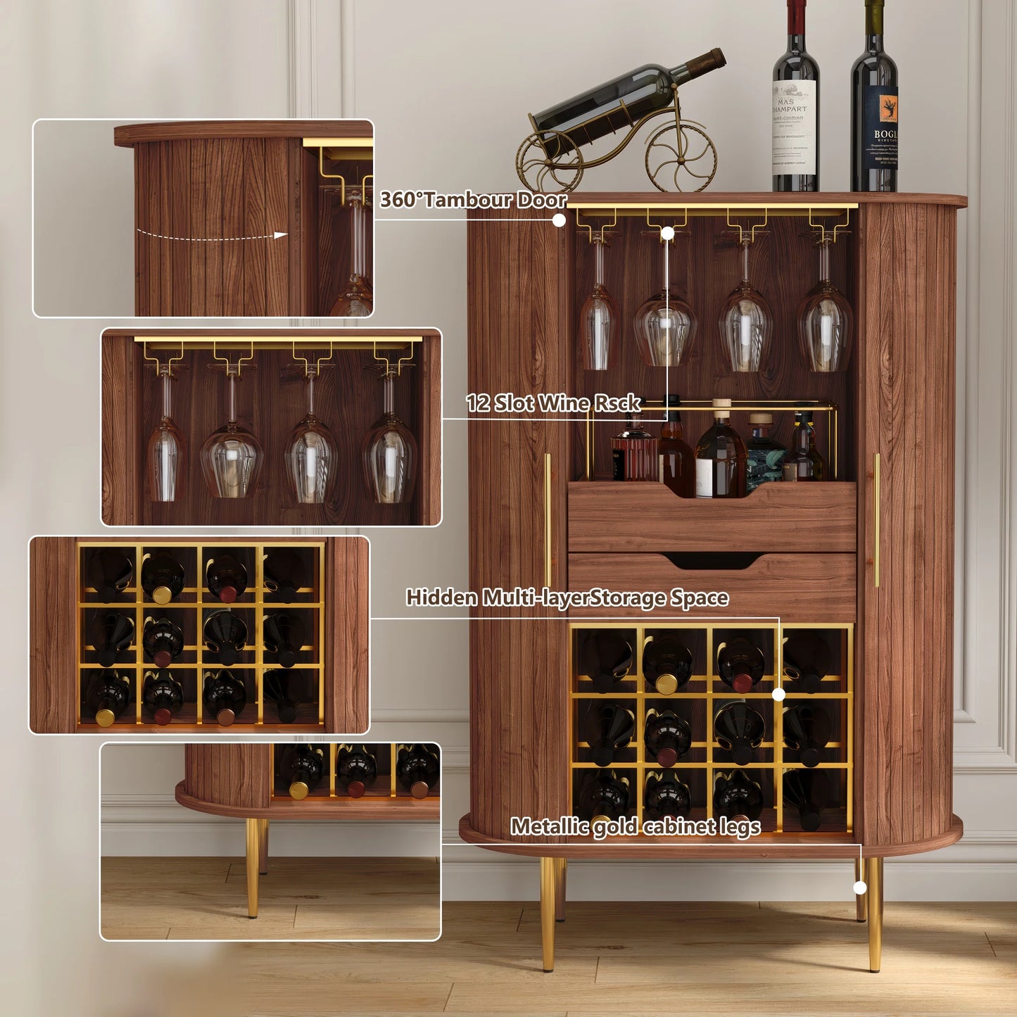 HLR Coffee Bar Cabinet with Tambour Door: Wine Rack, Glass Holder, & Storage Buffet for Home & Living Room Brown