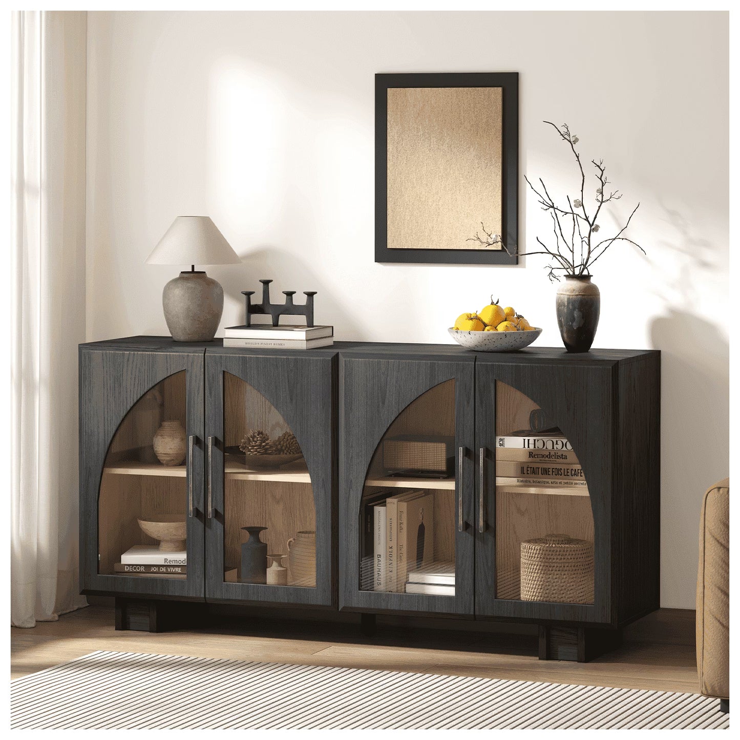JOINICE Modern Accent Cabinet with Adjustable Shelves and Arched Glass Door,Buffet Cabinet with Storage,for Living Room,Dining Room,Entryway,Hallway,Black