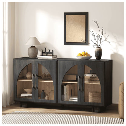 JOINICE Modern Accent Cabinet with Adjustable Shelves and Arched Glass Door,Buffet Cabinet with Storage,for Living Room,Dining Room,Entryway,Hallway,Black
