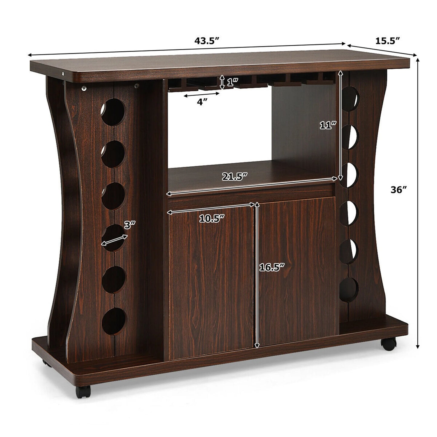 Gymax Rolling Buffet Sideboard Wooden Bar Storage Cabinet w/Wine Rack & Glass Holder