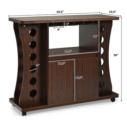 Gymax Rolling Buffet Sideboard Wooden Bar Storage Cabinet w/Wine Rack & Glass Holder