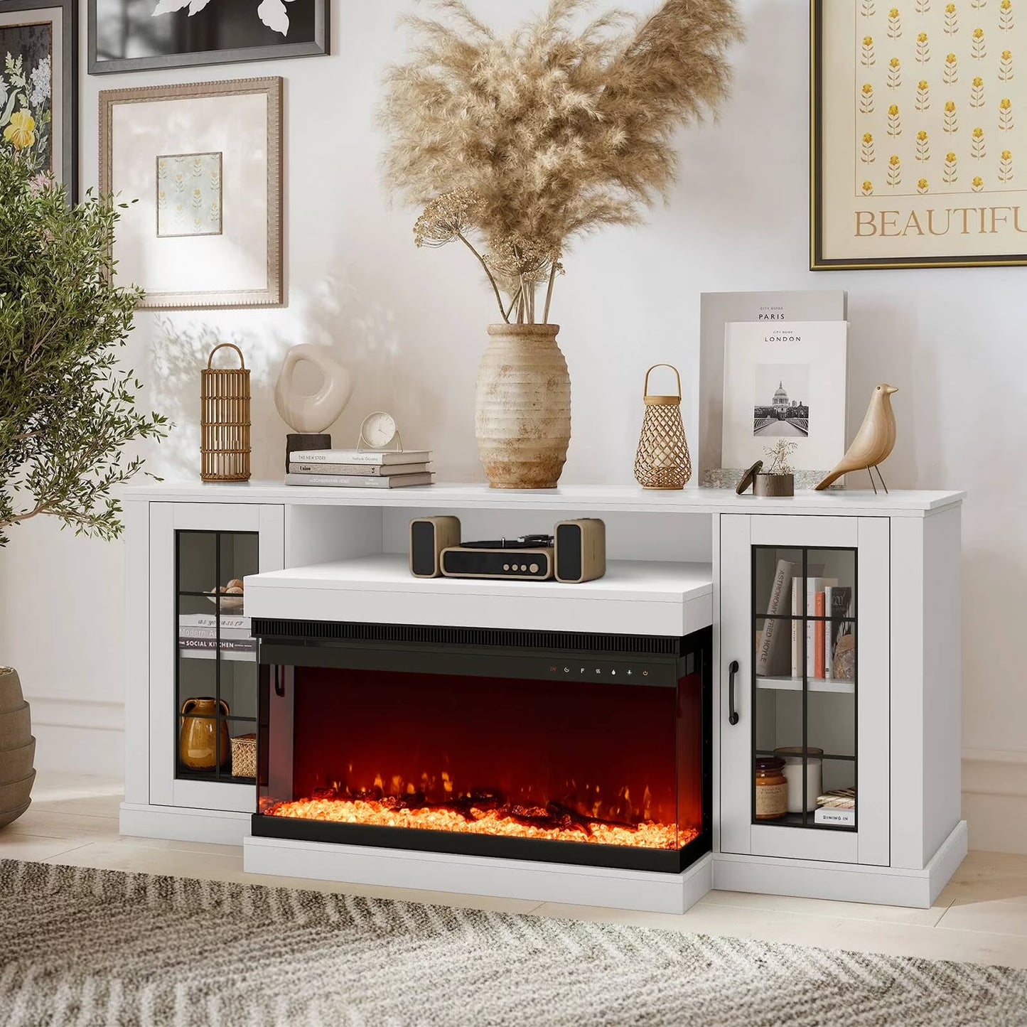 MELLCOM 70" 3 Sided Glass Fireplace TV Stand, Modern Media Console with Storage Side Cabinet, Fits TVs up to 80", Electric Fireplace TV StandWalnut Color