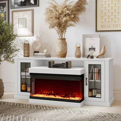 MELLCOM 70" 3 Sided Glass Fireplace TV Stand, Modern Media Console with Storage Side Cabinet, Fits TVs up to 80", Electric Fireplace TV StandWalnut Color